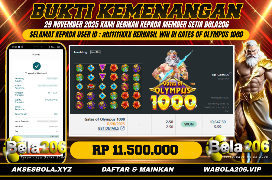 BUKTI KEMENANGAN MEMBER BOLA206 TANGGAL 29 NOVEMBER 2025.