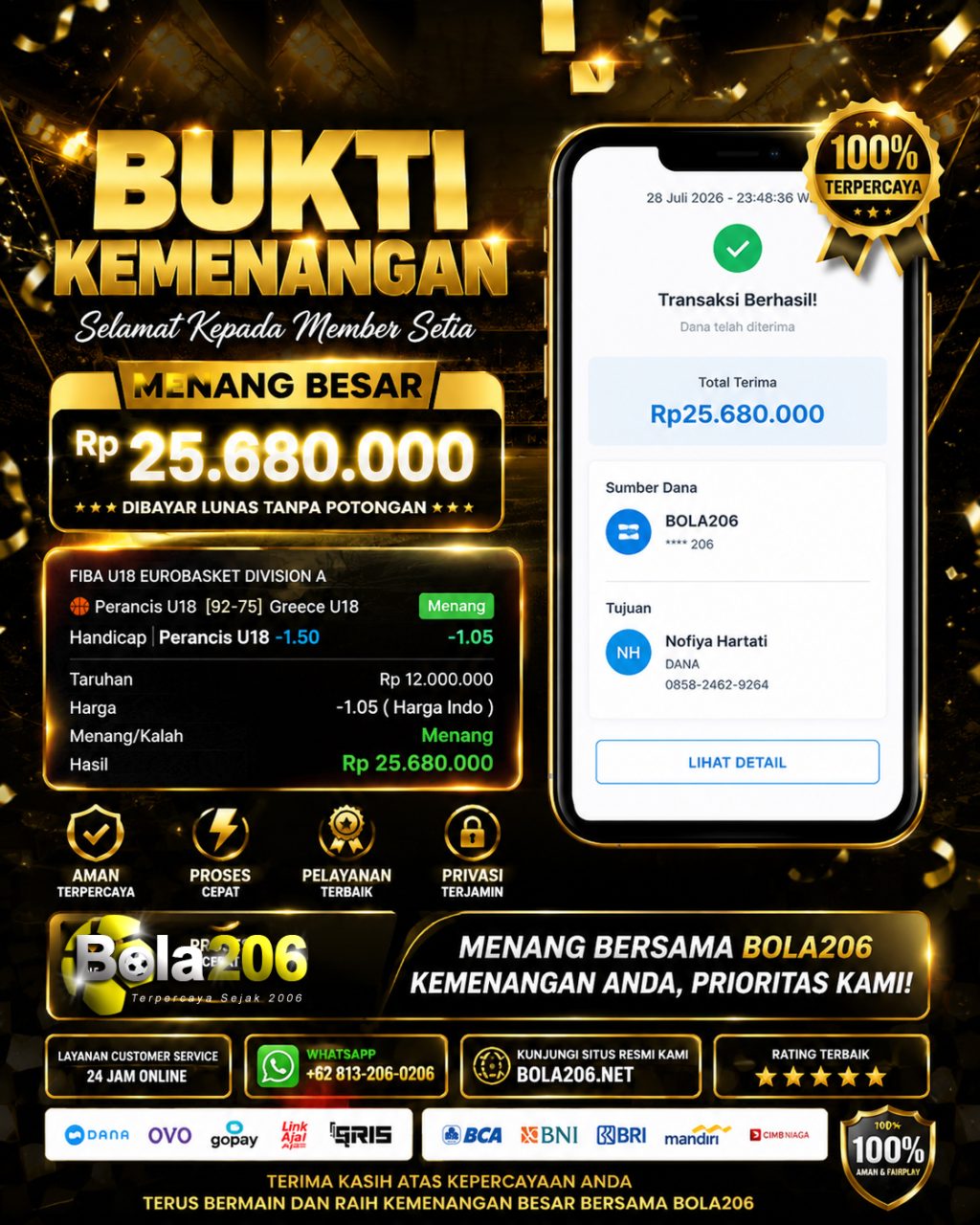 BUKTI KEMENANGAN MEMBER BOLA206 TANGGAL 28 JULI 2026